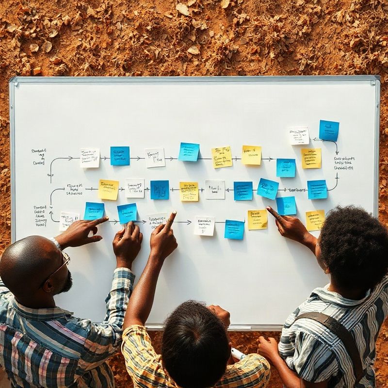 Content pipeline workflow mapped on a whiteboard with sticky notes