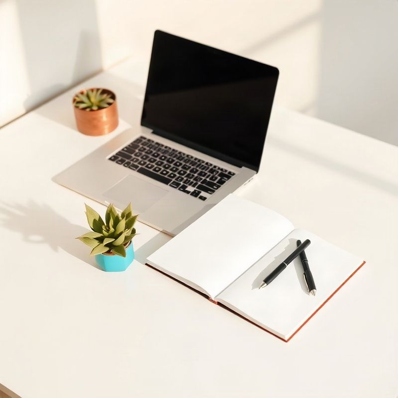 A welcoming desk with laptop and notepad ready for a conversation