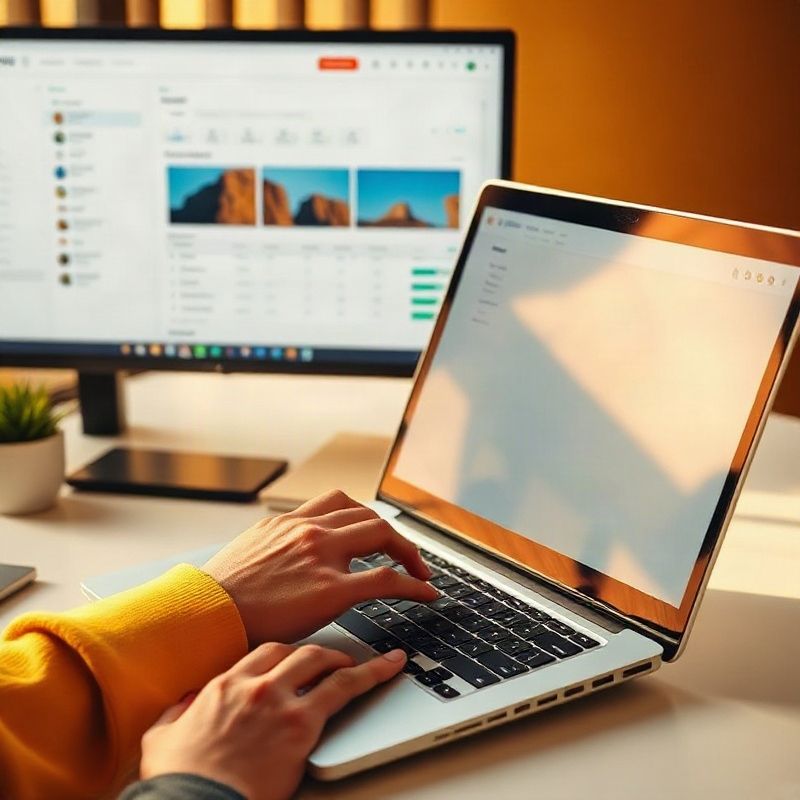 Hands publishing content on a laptop with dual monitors