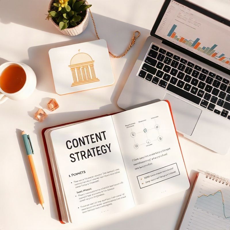 Editorial strategy documents and analytics laid out on a bright desk